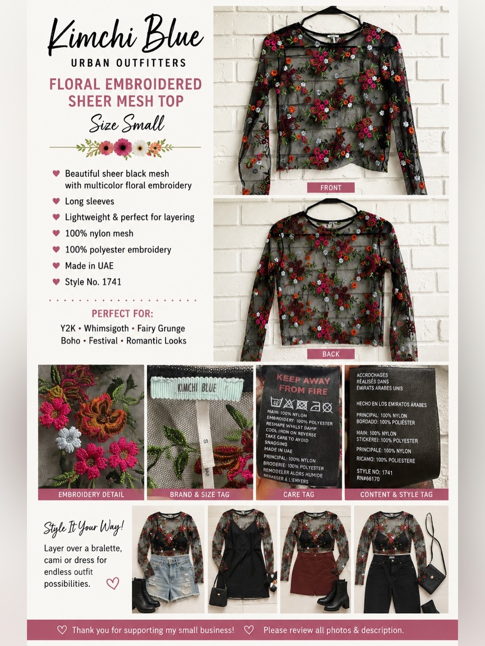 Kimchi Blue Black Sheer Mesh Top with Multicolor Floral Embroidery